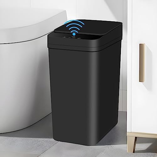 Black plastic narrow touchless motion sensor trash can