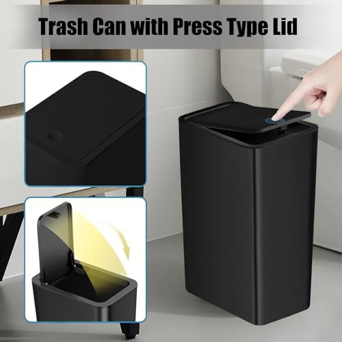 Black pop up lid slim bathroom garbage can — photo 5