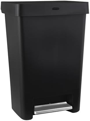 Black plastic step-on kitchen trash can