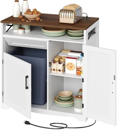 White and walnut wooden recycling trash cabinet